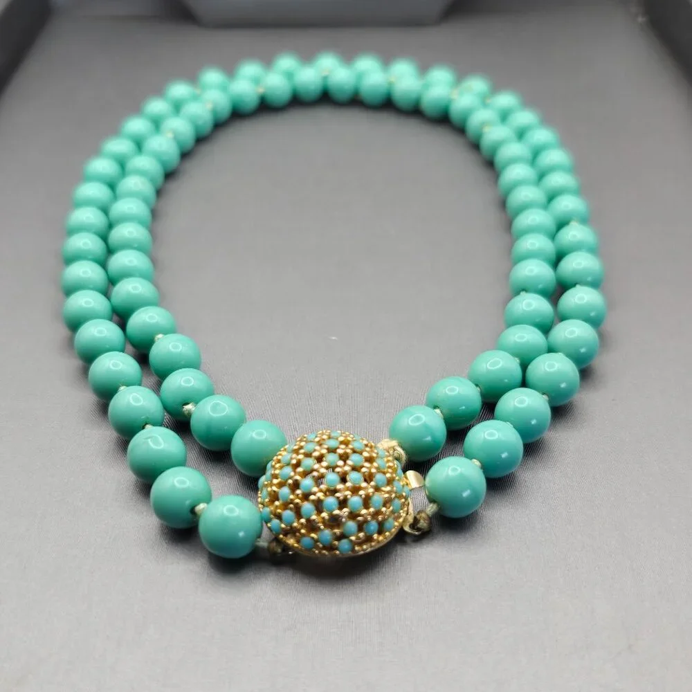 VTG Double Strand Turquoise Colored Bead Choker Necklace 15" Gold-Tone Box Clasp - Picture 6 of 15